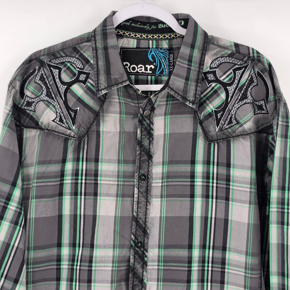 Roar Mens XXL Plaid Embroidered Button Down Shirt Grey Green Cotton Western Rock